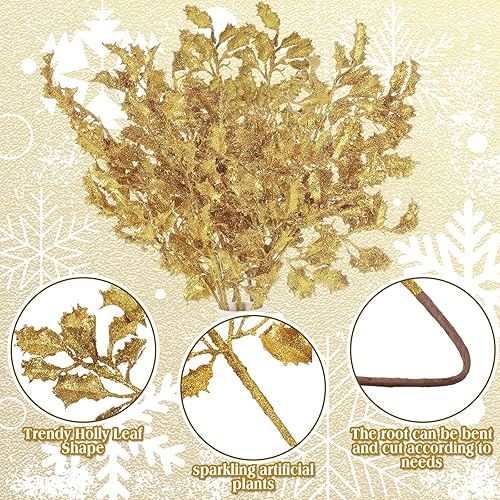 Miniatura 3 de 12 hojas de Navidad grandes con purpurina de 23 pulgadas, recogedor de hojas de acebo artificiales, tallo de Navidad, árbol de Navidad, rama en