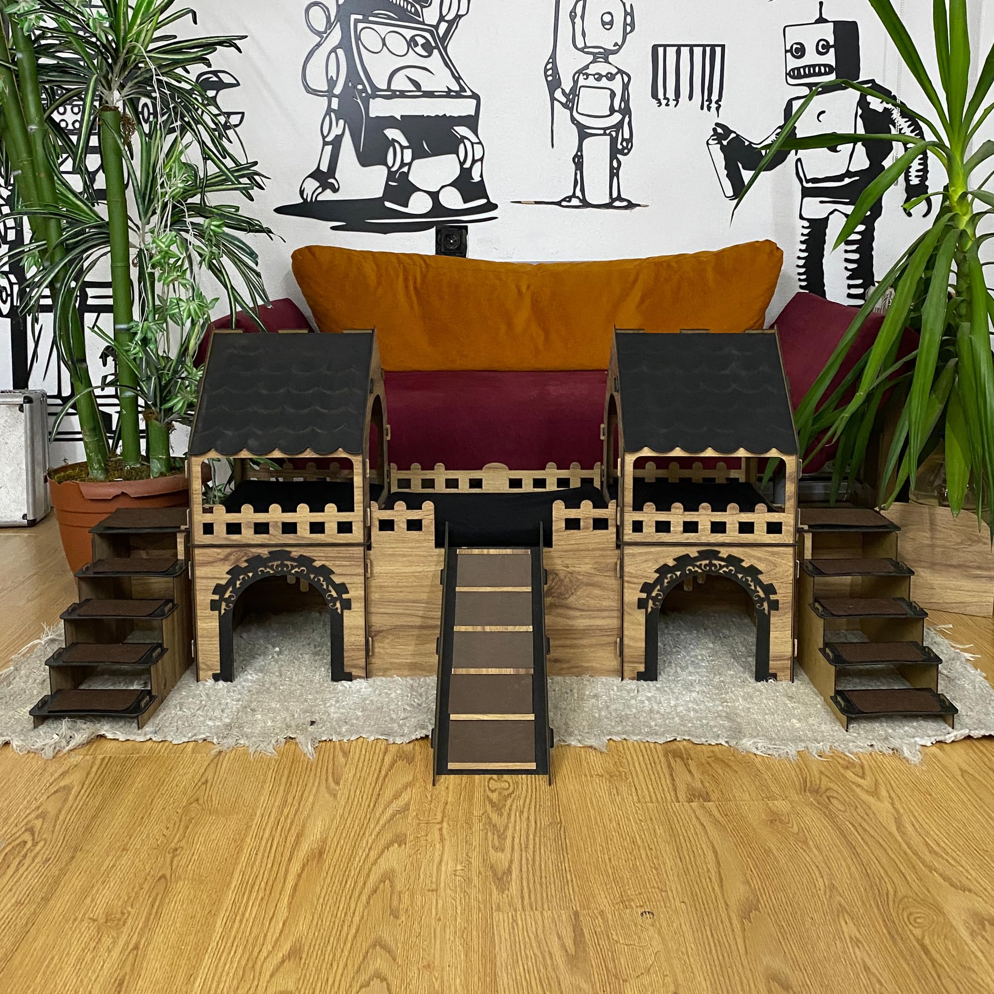Kaninchenburg mit 2 Etagen, XXL Kaninchenhaus aus Holz mit Rampe & Treppen, Großer Spielturm & Versteck für Zwergkaninchen, Meerschweinchen & Hasen, Indoor Nagerhaus aus Naturholz (Eiche-Schwarz)