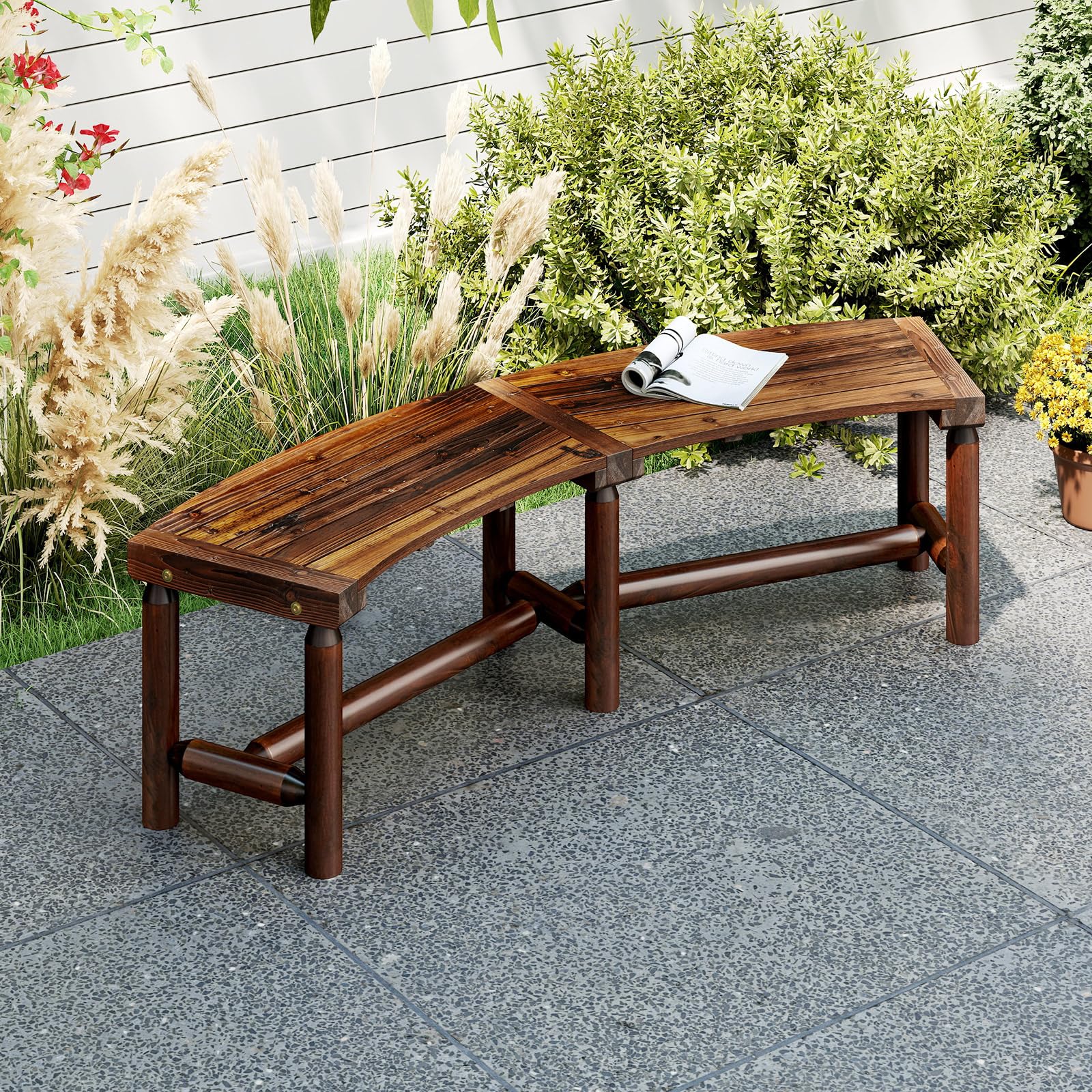 COSTWAY Panchina Curva da Patio, Panchina di Legno Massello per 2-3 Persone, Panca da Fuoco Senza Schienale per Esterni, Giardino e Bordo Piscina, Portata 360 kg (Marrone)