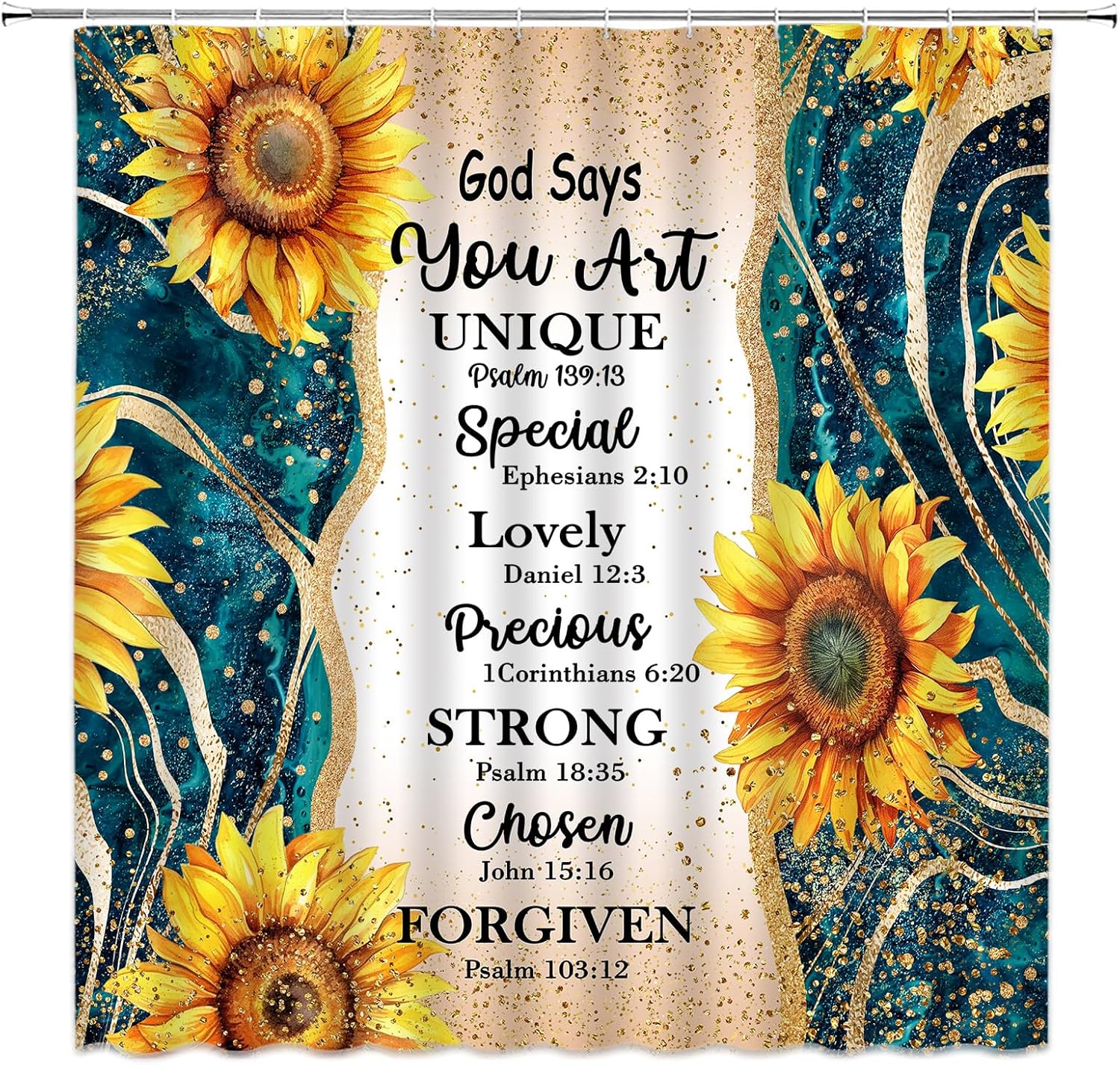 Sunflower Inspirational Quotes Shower Curtain Teal Marble Gold Texture Rustic Farmhouse Motivational Words Modern Bathroom Curtain Fabric with Hooks(90" Wx70 H)