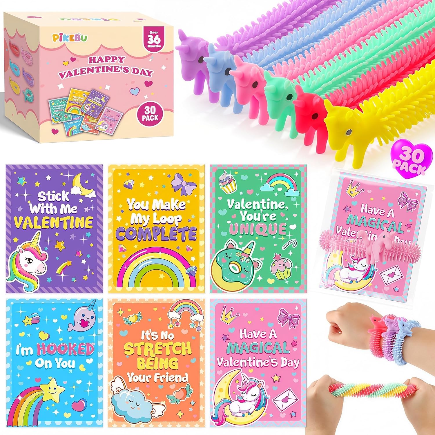 Valentines Day Cards for Kids School with Unicorn Stretchy String Toys, 30 Pack Valentines Party Favors with Unicorn Cards, Valentines Day Gifts for Kids, Classroom Prize Exchange for Boys Girls