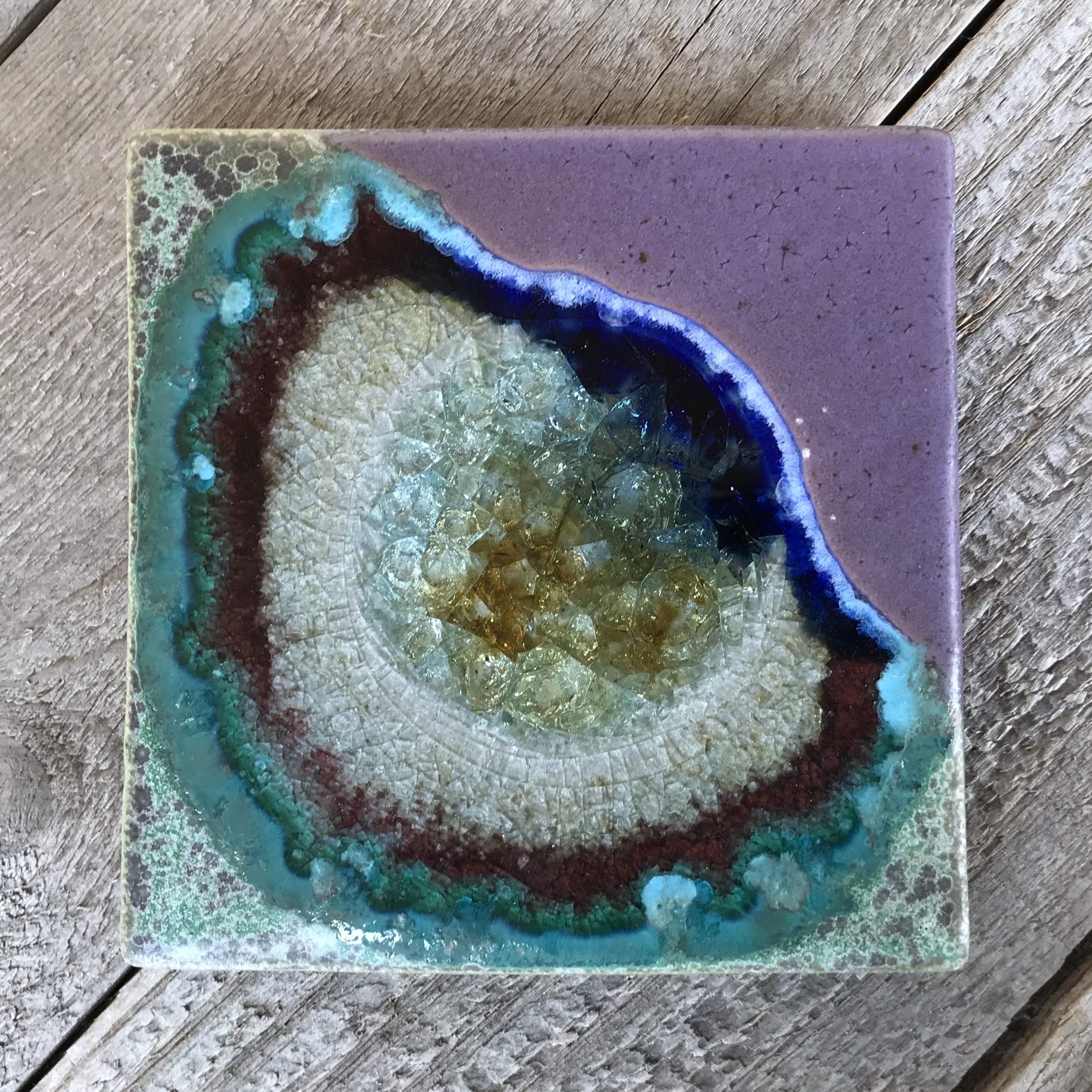 Geode Crackle Coaster in Purple and Green, Geode Coaster, Agate Coaster, Fused Glass Coaster, Crackle Glass Coaster, Dock 6 Pottery Coaster, Dock 6 Pottery, Kerry Brooks Pottery (1 Coaster)