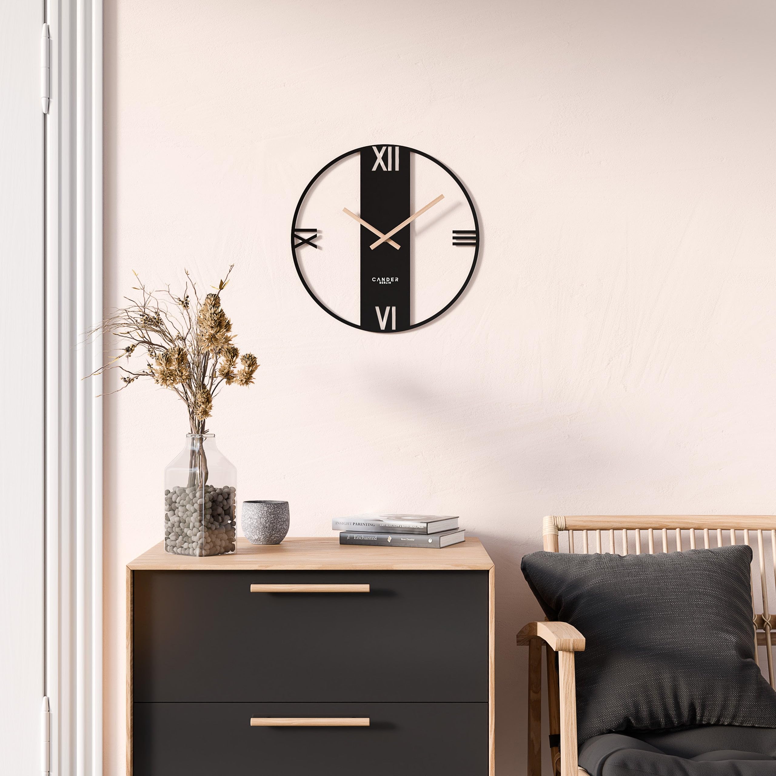 Cander Berlin Elara XXL Reloj de pared vintage silencioso, 40 cm, metal, manecillas de madera, sin ruido de tictac, grande, moderno, negro, salón, cocina