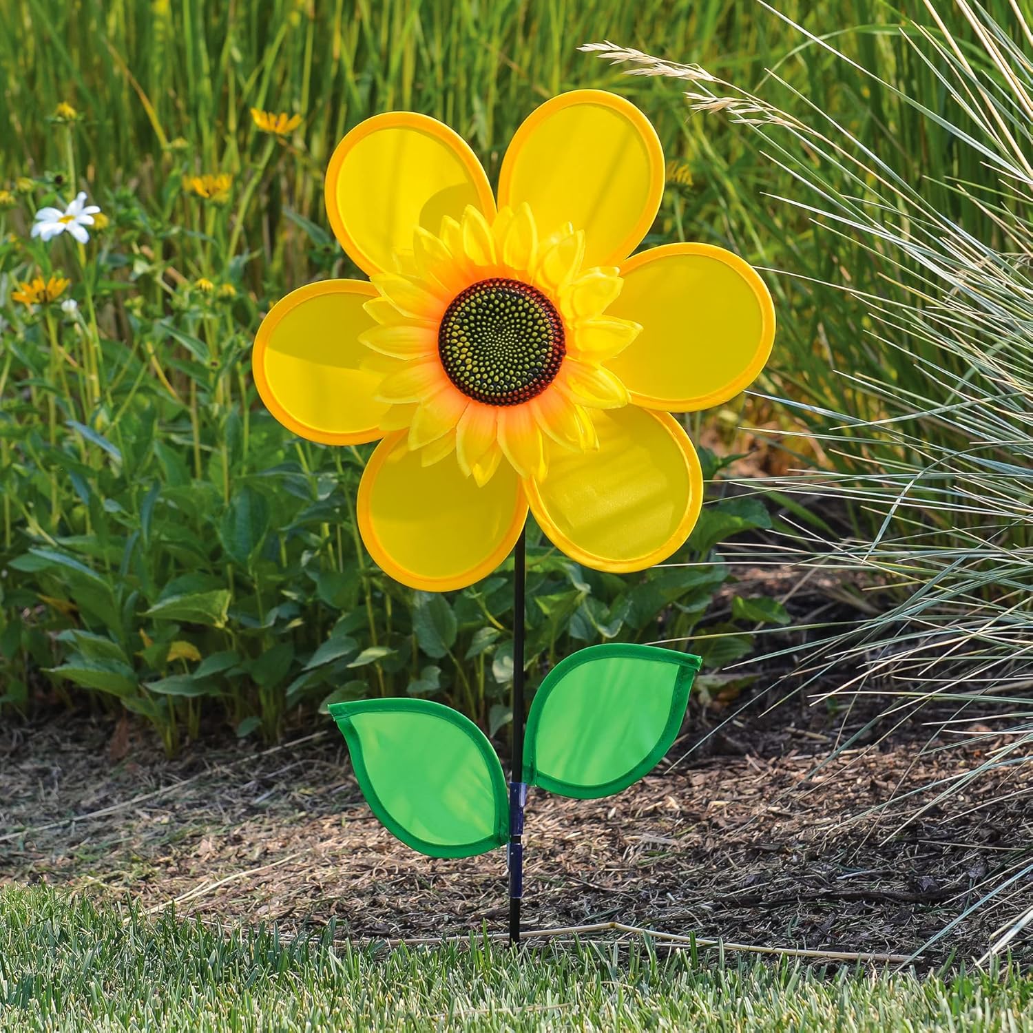 In the Breeze 2791 — 12-inch Yellow Sunflower Wind Spinner with Leaves — Colorful Flower for Yard and Garden