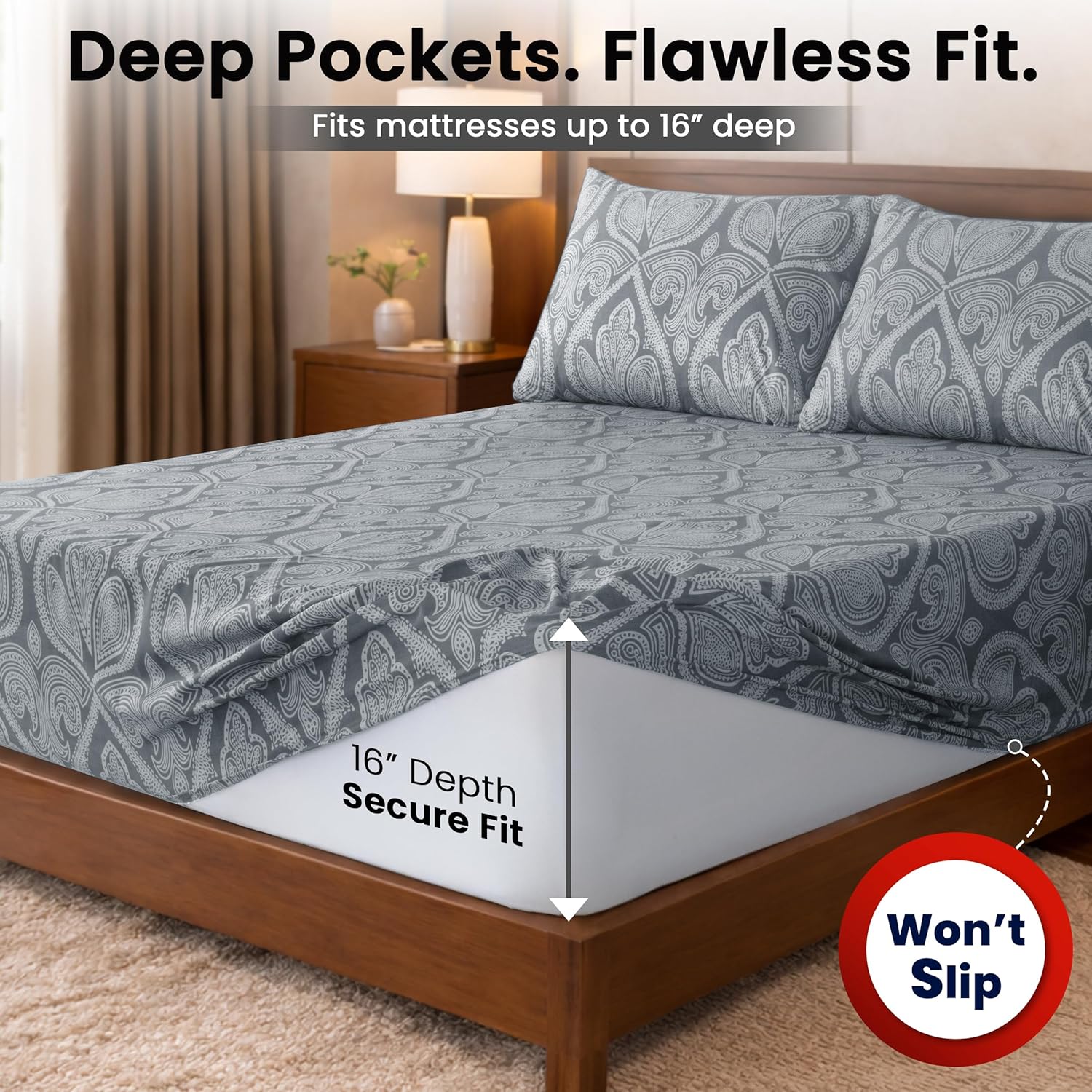 Ultra Soft Wrinkle-Free Microfiber Paisley Queen Sheet Set, Cute Floral Pattern Boho Print – 16" Deep Pocket Fitted Sheet, Flat Sheet & 4 Pillowcases, Breathable, OEKO-TEX - Grey