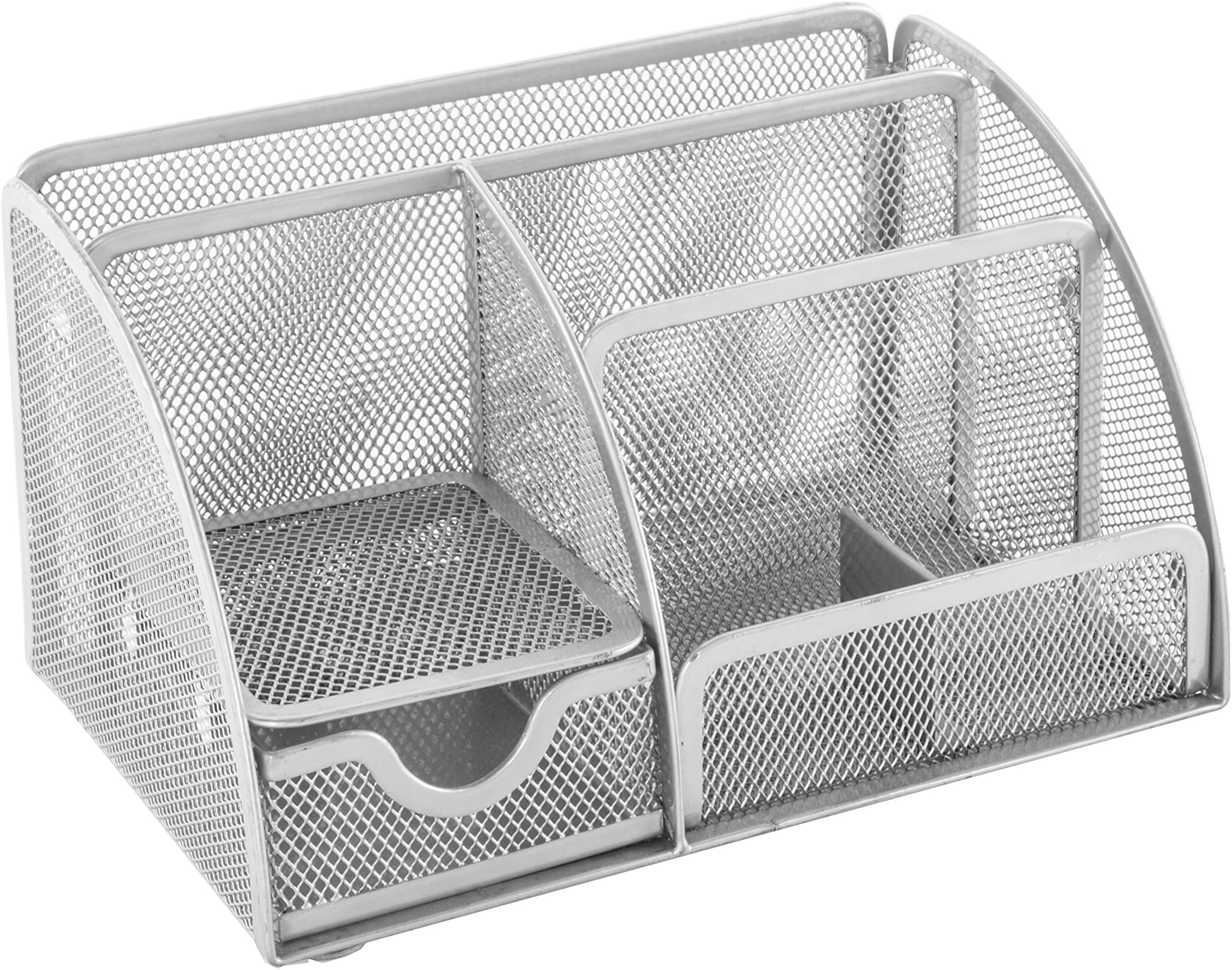 Osco Small Wiremesh Desk Organiser, Metal Mesh Pen Pot Desk Tidy with 5 Compartments & Single Drawer, Desktop Stationery Storage for Office & Home, Silver