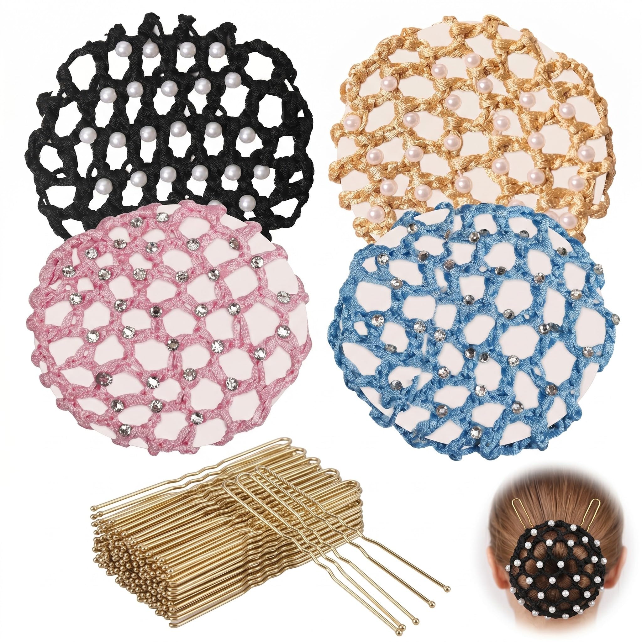 4 Pezzi Retine per Chignon Bambina e Donna con Perle e Brillantini, Include 50 Forcine a U Oro, Retina per Capelli Elastica per Danza Classica, Balletto, Pattinaggio e Equitazione (4 Colori)