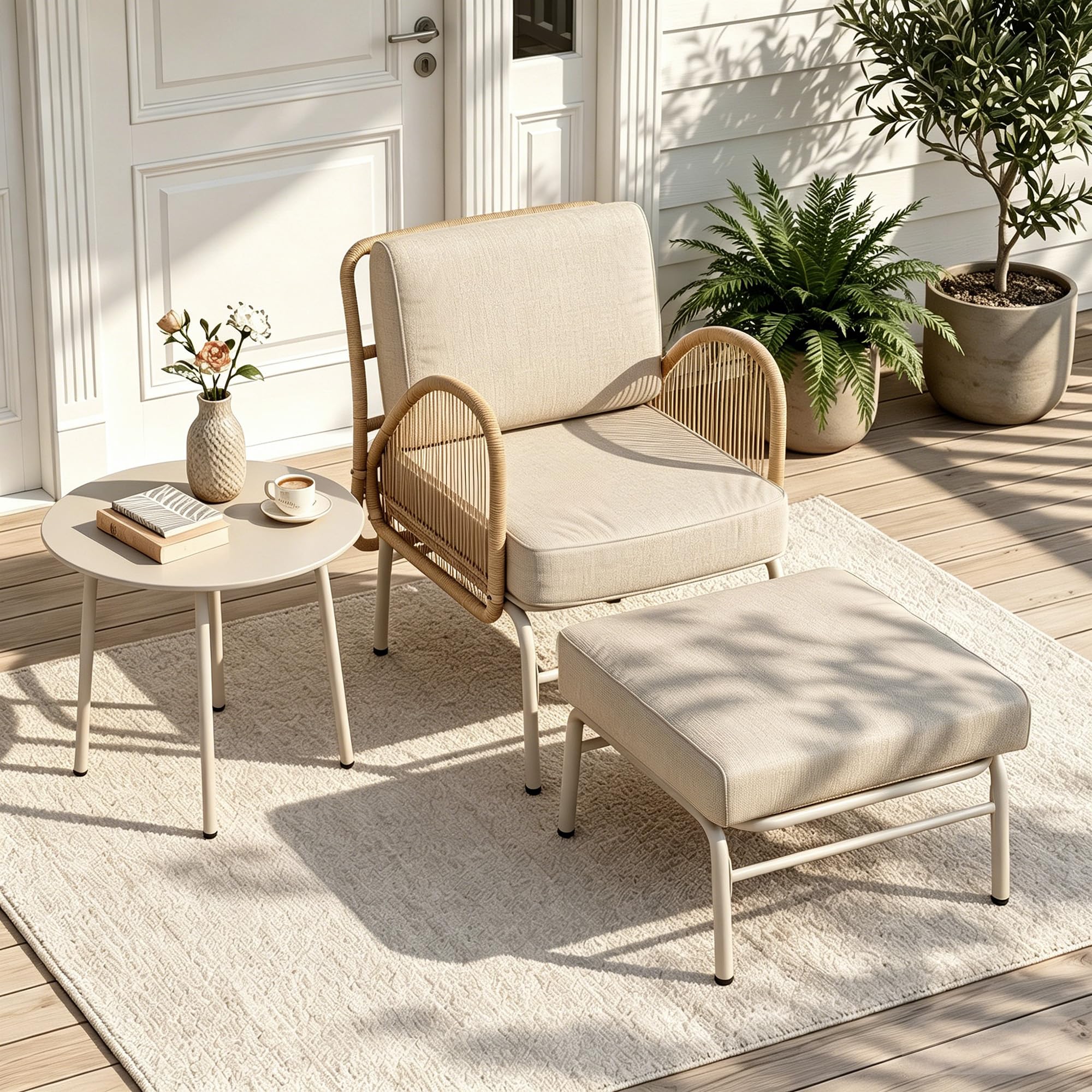 3-teiliges Gartenmöbel-Set, Rattan Outdoor Sitzgruppe mit Sessel, Hocker & Beistelltisch, Wetterfestes Garten-Lounge-Set mit dicken Polstern für Balkon, Hinterhof, Veranda