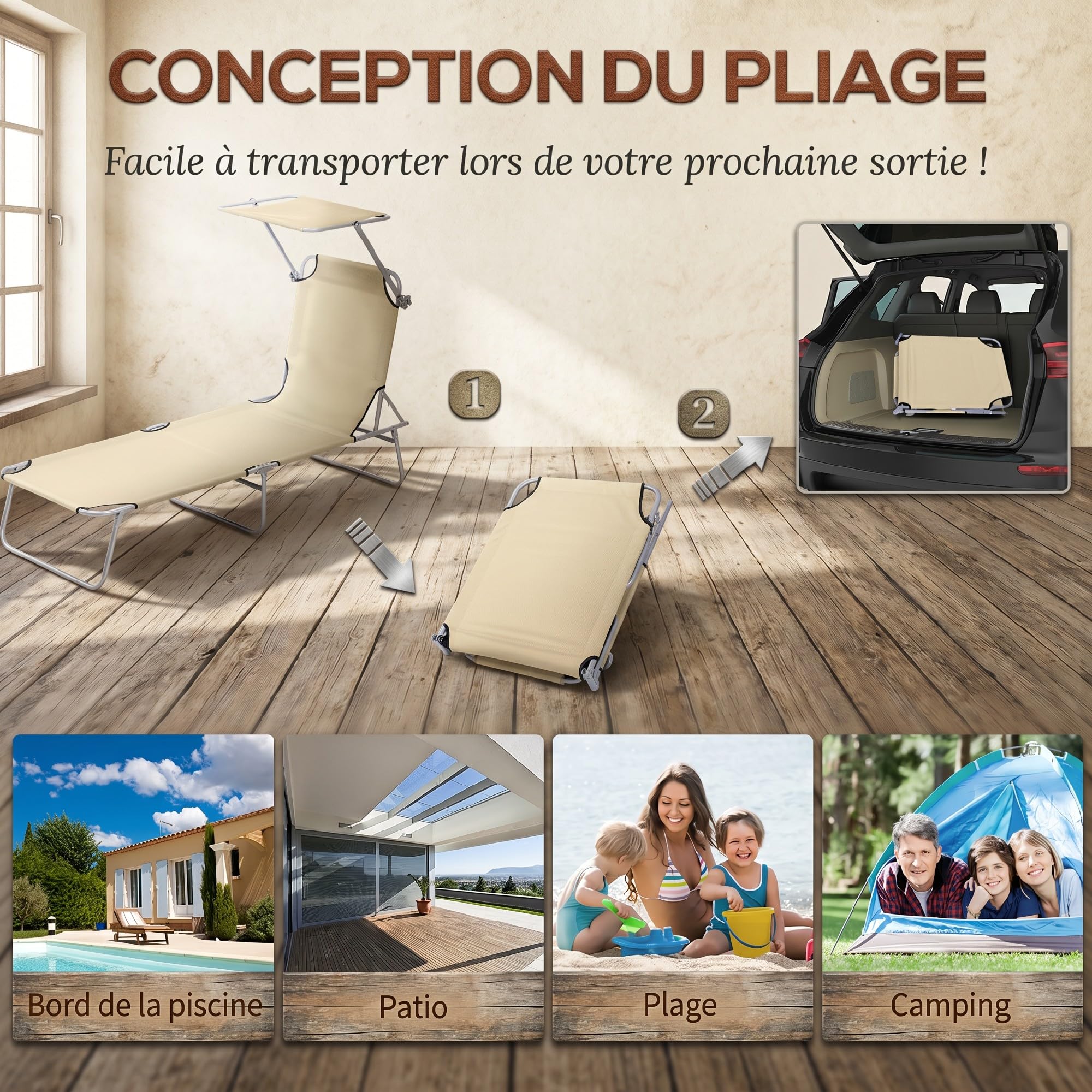 Outsunny Transat Bain de Soleil Pliable 187L x 58l x 36H cm Beige