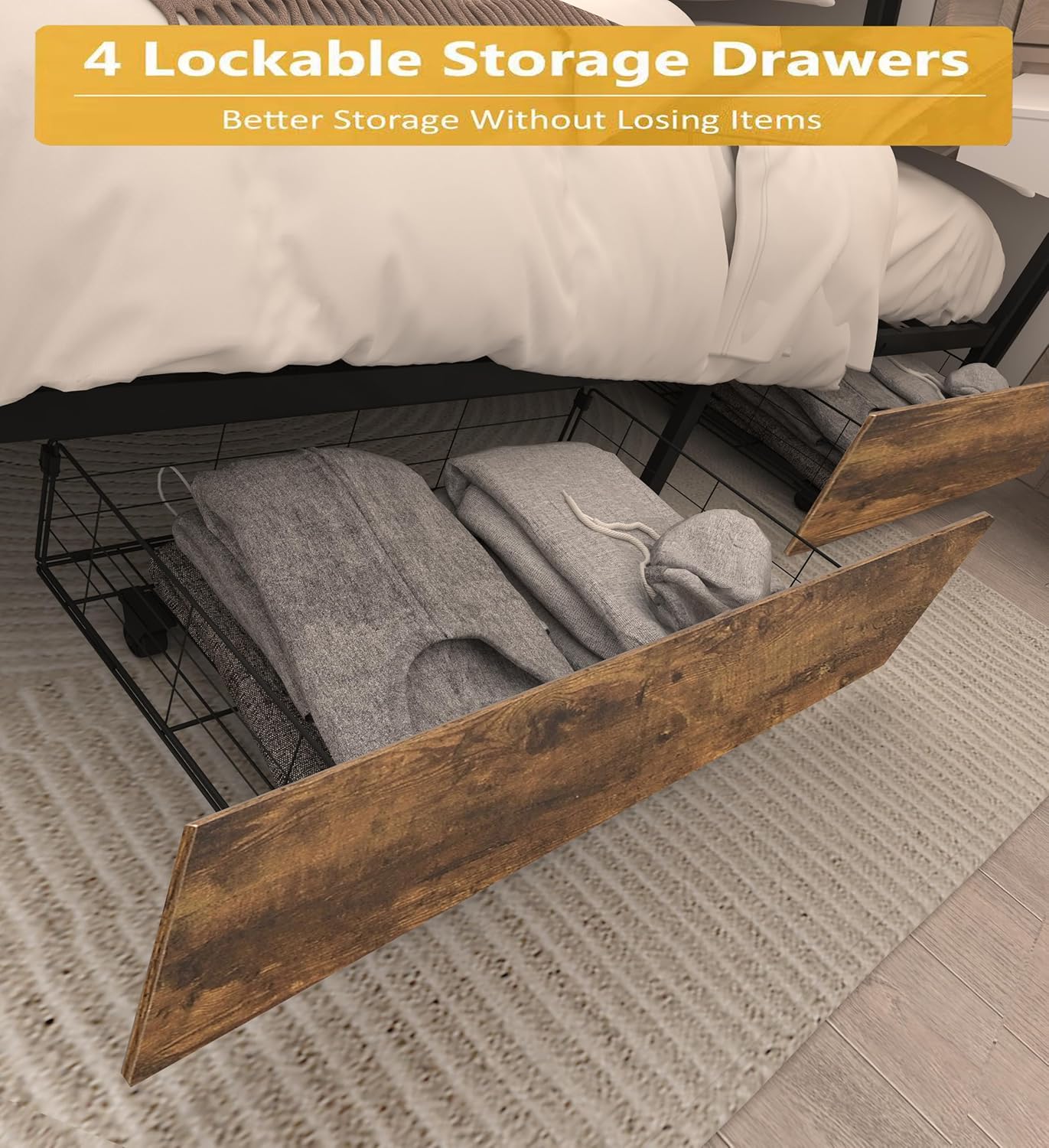 Full Bed Frame with 4 Storage Drawers, LED Bed Frame Storage with Headboard and Charging Station, Solid and Stable, Noise Free, No Box Spring Needed, Easy Assembly, Rustic Brown