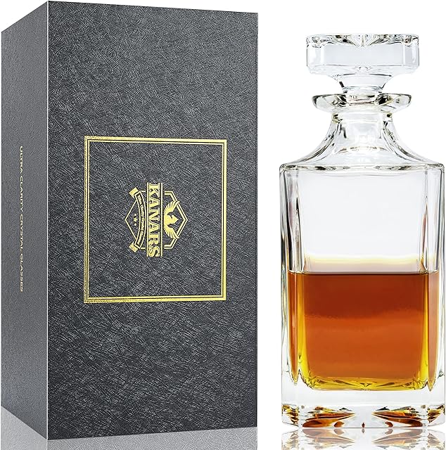 KANARS Whisky Decanter, No-Lead Crystal Liquor Carafe with Airtight Glass Stopper, Ideas Gift for Weddings, Anniversary, Birthdays, Holidays, Retire, 750 ml, Stylish Gift Box