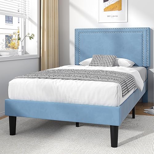 Miniatura 221 de VECELO Base de cama de tamaño matrimonial con cabecera tapizada ajustable, plataforma de listones de madera, diseño sin ruido, fácil montaje Negro