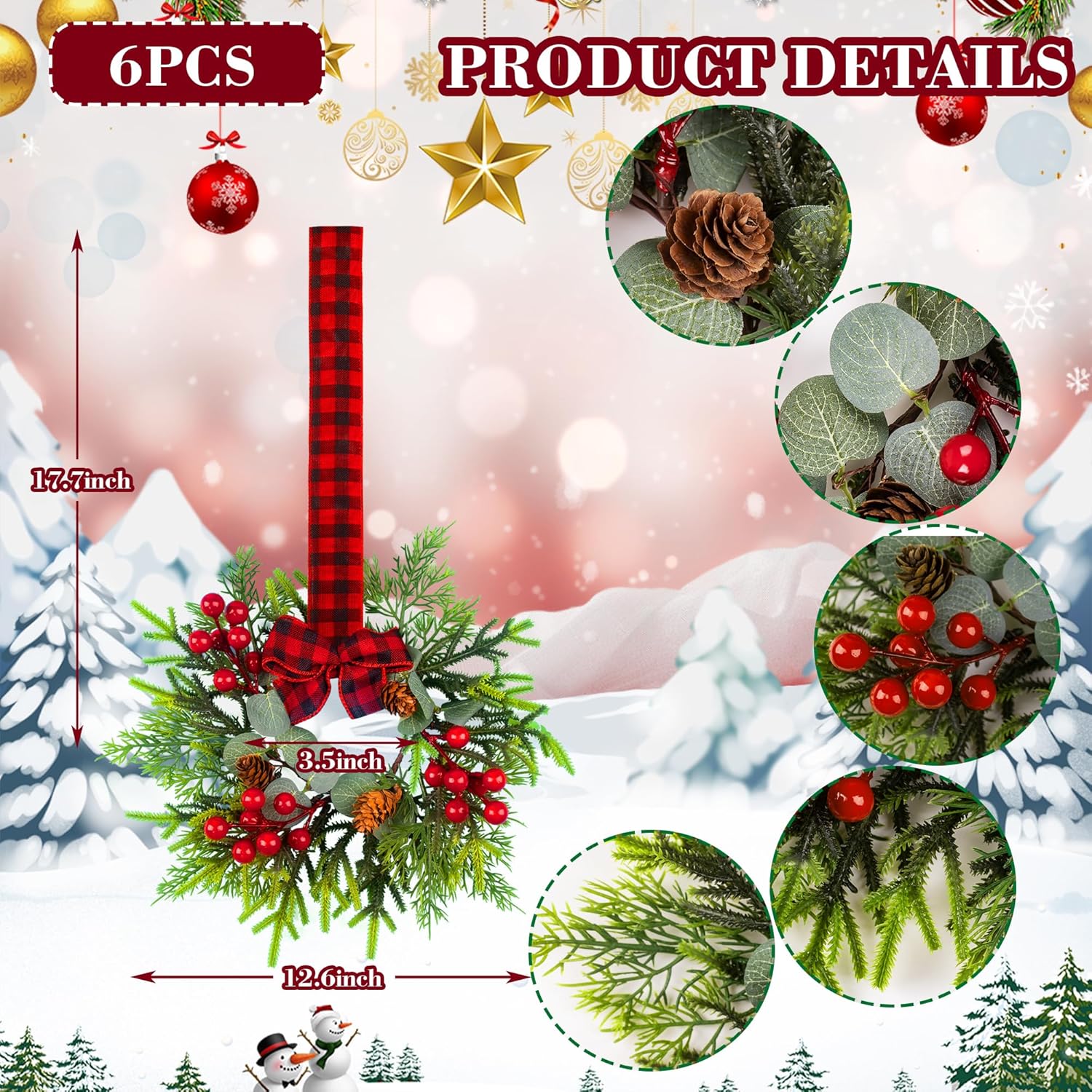 6 Pcs Small Christmas Wreath - Mini Wreaths with Red Berry Pine Eucalyptus Christmas Wreaths for Door Kitchen Cabinets Window Fireplaces Decor