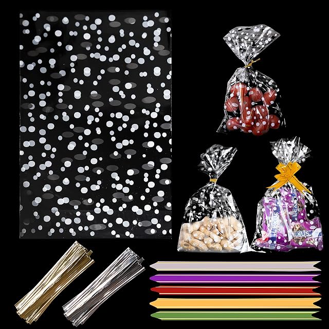 Dotted Cellophane Bags Pack of 50 (6 x 10 Inches) Food Safe Cookie Bags with Mix Colors Pull Bows & Twist Ties - Clear Bags for Gifts, Packaging, Wrapping Sweets bag for Hamper