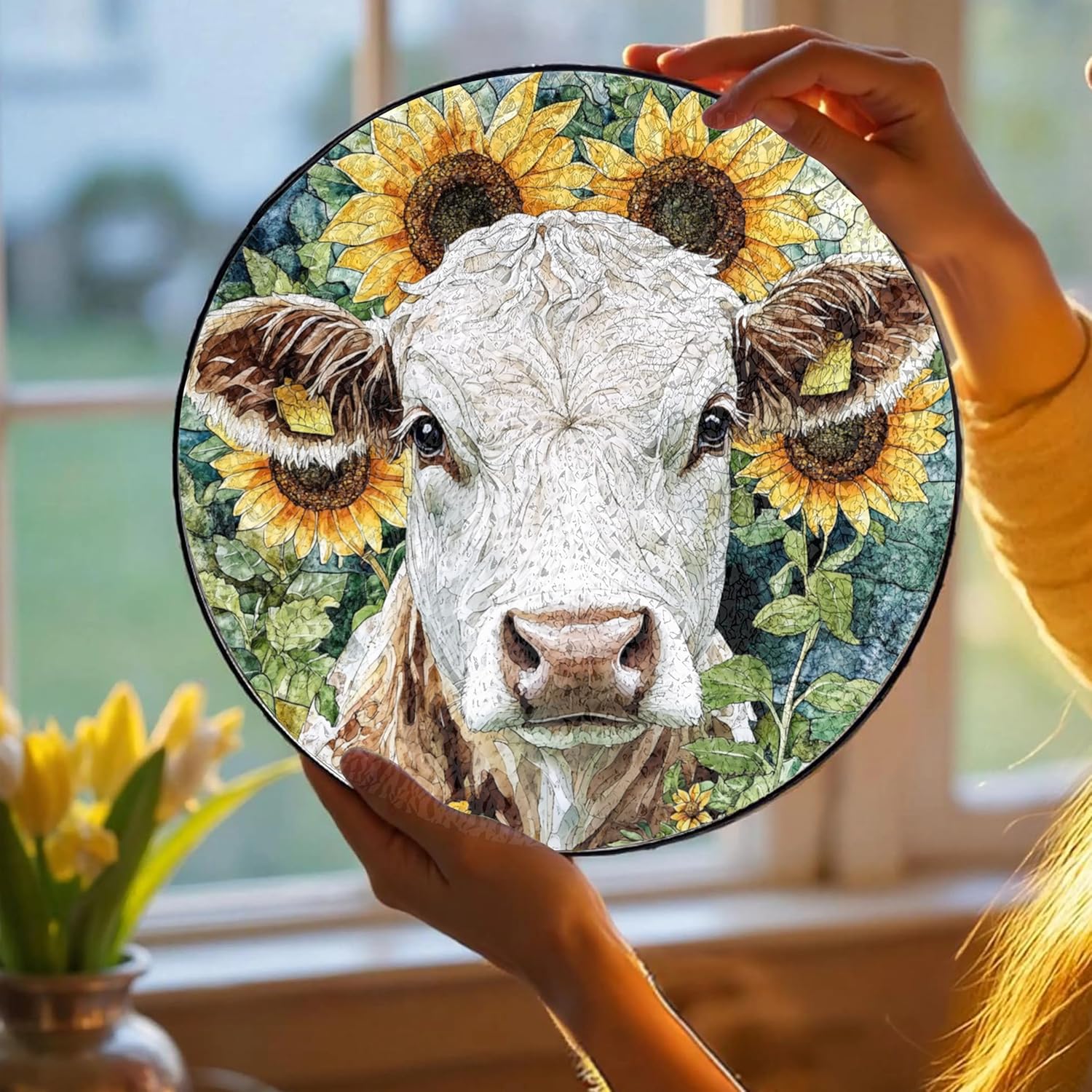 Cow Yellow Sunflowers Stained Glass Window Hanging Brown and White Cow Suncatchers Cows Yellow Floral Glass Panel Hangings Sun Catchers Decor Cows Lovers Gift Meadow Farm Animal Art Gift 11.8inch