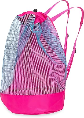 Bolsa de juguetes de playa Bolsa de playa grande de malla, bonita mochila azul y rosa, artículos esenciales de playa para vacaciones, viajes,