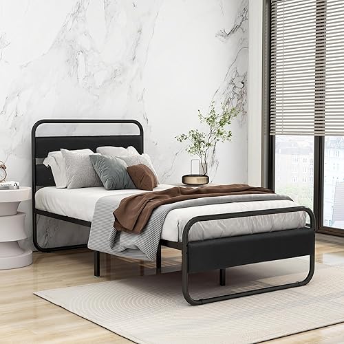 Marco de cama de metal tamaño individual con cabecero tapizado, sin ruido, fácil montaje, lino negro