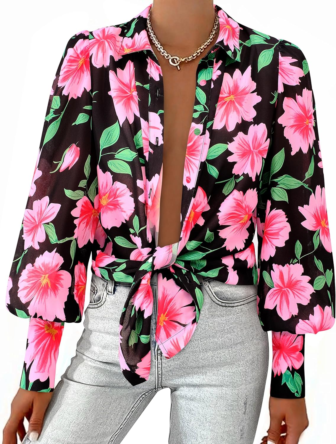 BTFBM Women Fashion Button Down Shirts 2026 V Neck Boho Printed Long Sleeve Blouses Dressy Casual Spring Fall Tops