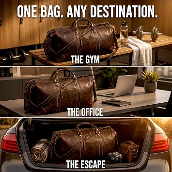 Cuero Full Grain Leather Duffle Bag for Men, Buffalo Overnight Weekend Travel Bag, Carry on with Organized Pockets, YKK Zippers, Adjustable Strap, Brown, 20 Inch