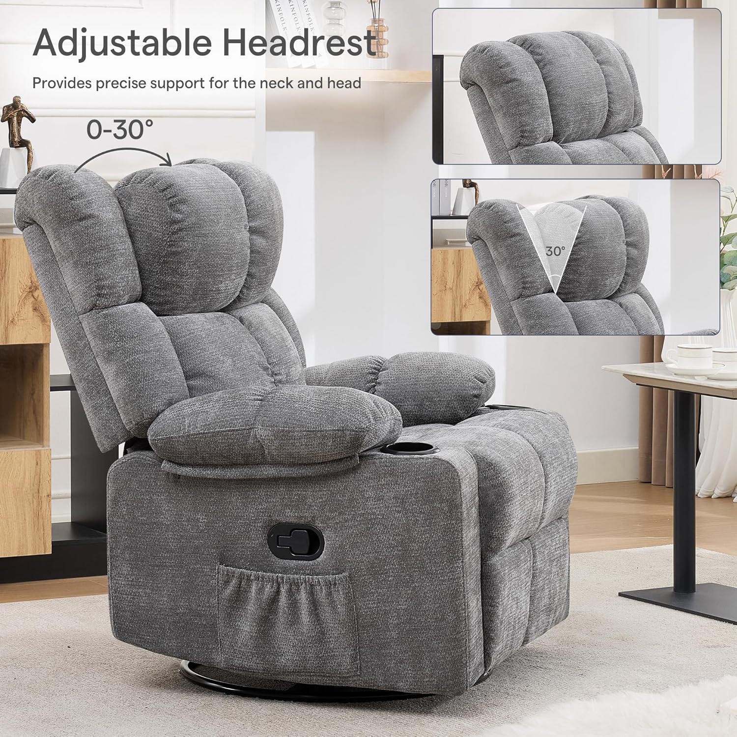Swivel Rocker Recliner,Rocking Reclining Chair with Adjustable Headrest for Adults,Upholstered Fabric Swivel Recliner Chair for Bedroom,Living Room,Grey