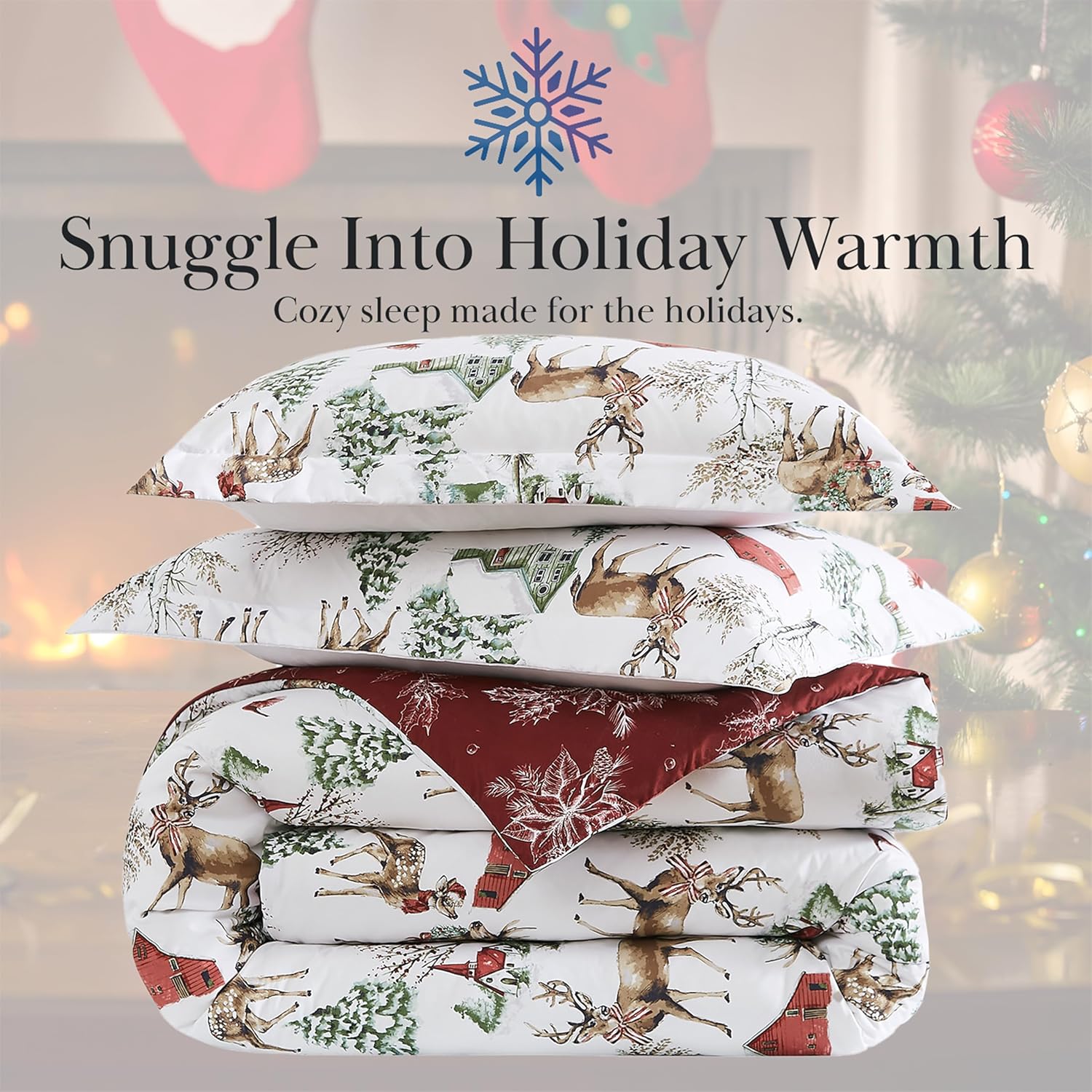 Southshore Fine Living, Inc. Christmas Comforter Twin Size Set with Pillow Sham, Reversible Farmhouse Christmas Bedspread with 2 Designs, Twin/Twin XL Holiday Comforter, White Christmas Print