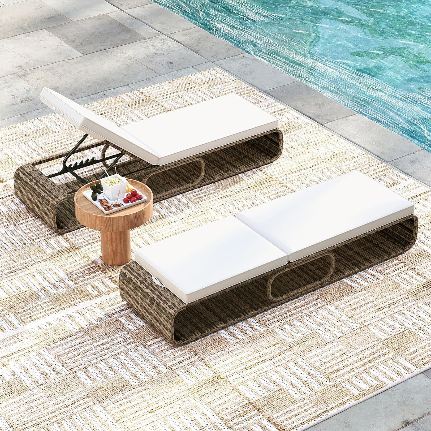 HAPPYGRILL Rattan Wicker Chaise Lounge Chair Outdoor Reclining Sun Lounger with Adjustable Backrest, Cushion and Storage, Pool Sunbathing Recliner for Patio Deck Lawn (2, Beige)