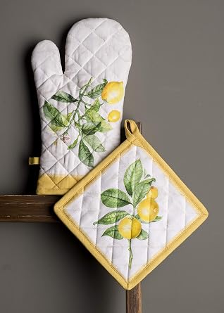 Maison d' Hermine Limoncello Bundle Set 100% Cotton Apron (27.50 Inch by 31.50 Inch) and Oven Mitt (7.5 Inch by 13 Inch)/Pot Holder (8 Inch by 8 Inch)