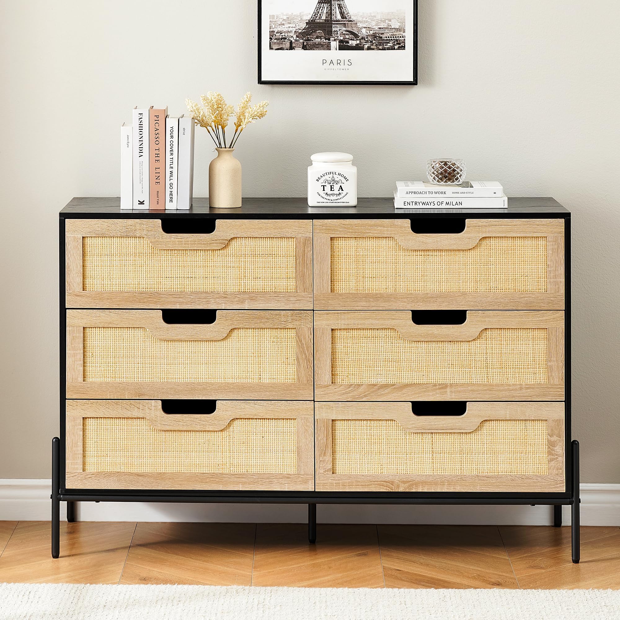 6 Drawers Dresser for Bedroom，Wooden Dresser Chest of Drawers, Rattan 6 Drawer Double Dresser, Storage Organizer for Closet, Beside Table for Living Room, Entryway, Oak-Black