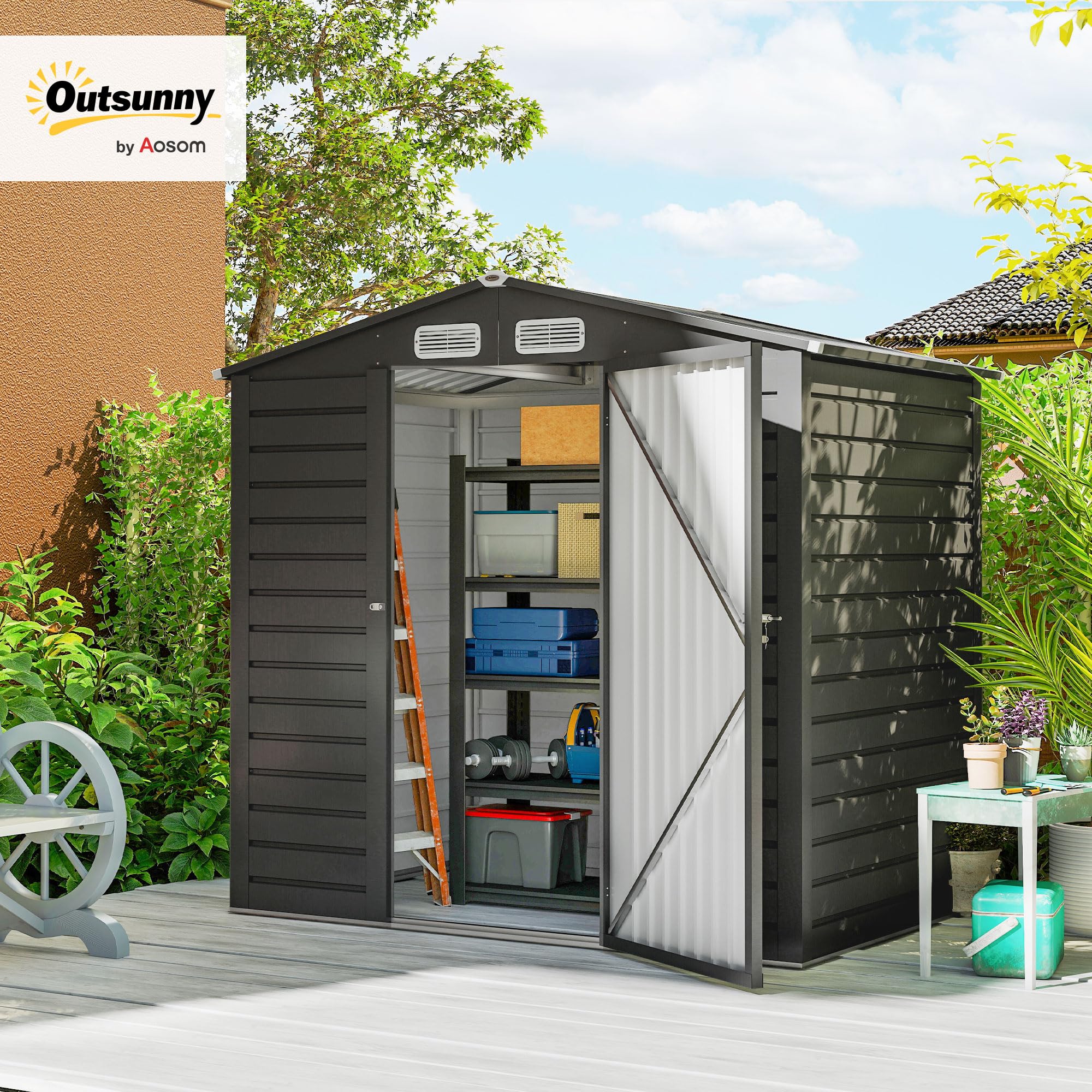 Outsunny Caseta de Jardín Exterior Metálica 2,27 m² 190x131x188 cm Gris | Cobertizo de Jardín Exterior, 2 Ventilaciones, Puerta con Cerradura, para Almacenamiento de Herramientas
