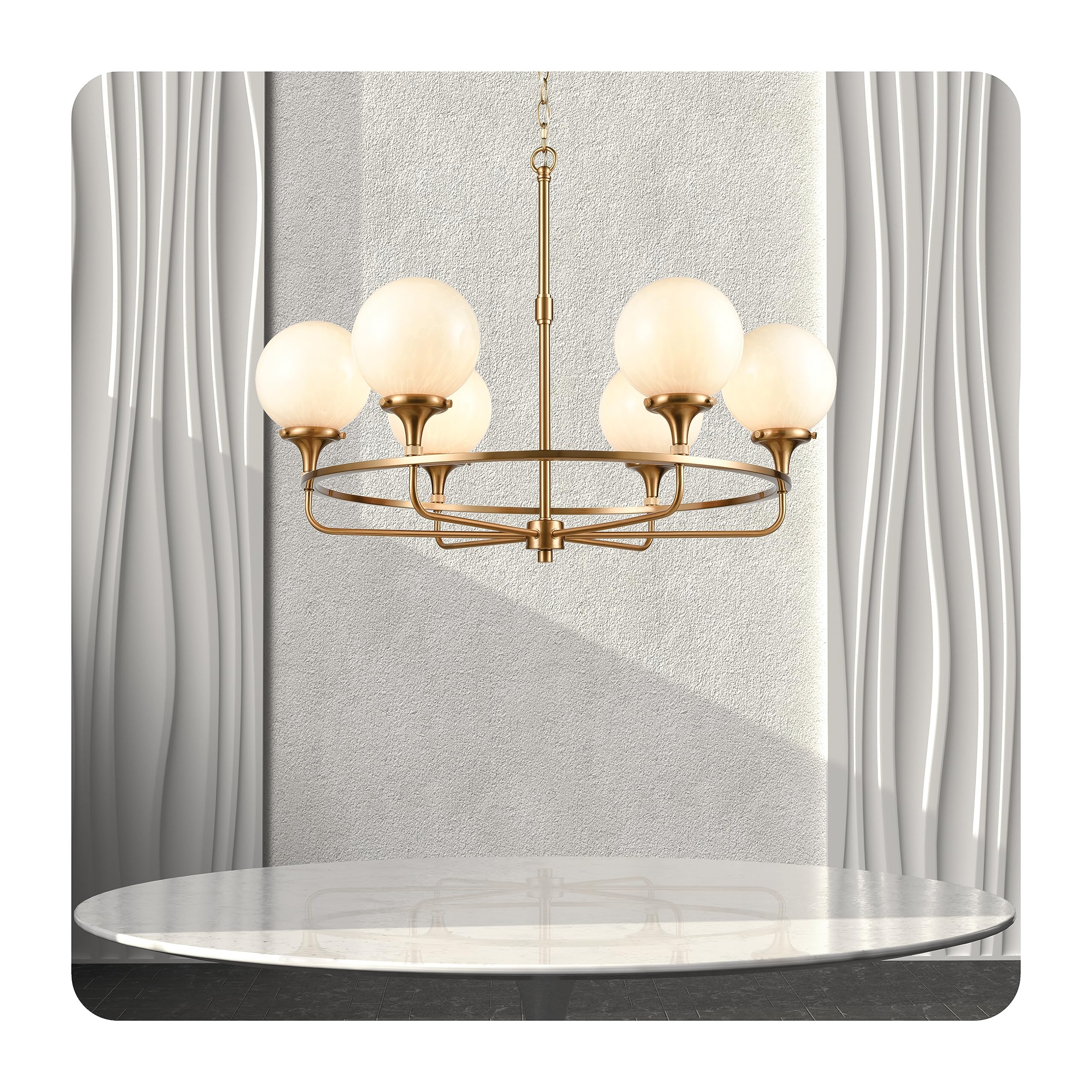 Elk Home Beverly Hills 6-Light Chandelier in Satin Brass with White Feathered Glass