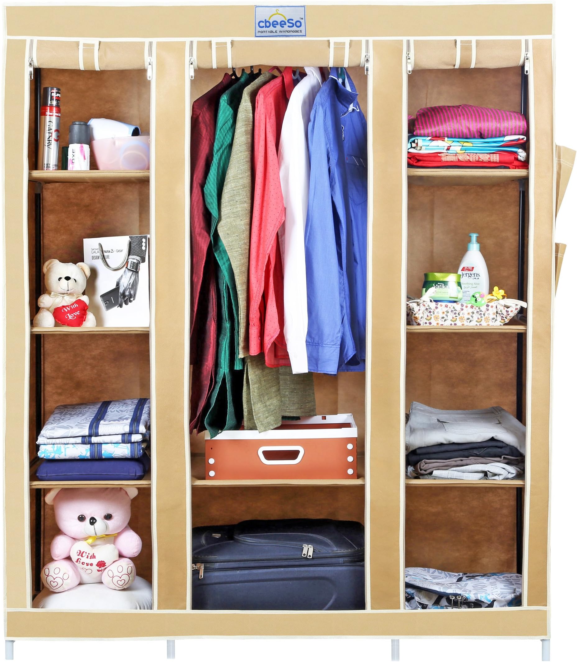 CbeeSo 3-Door Foldable Wardrobe with 10 Racks – Space-Saving Beige Closet Organizer, Portable Storage for Clothes, Shoes & Accessories