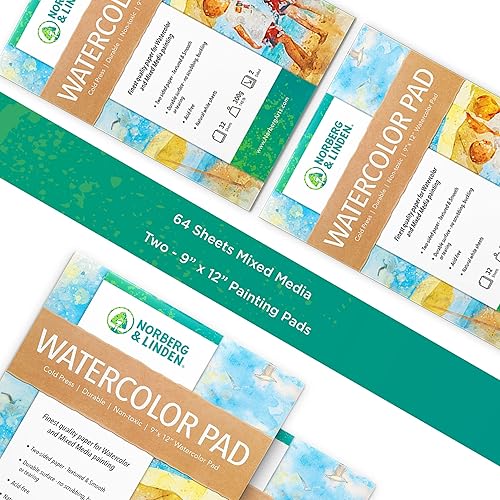 Miniatura 2 de Norberg & Linden 64 hojas de papel de acuarela para pintura mixta, hojas de papel de pintura de 9 x 12 pulgadas, doble cara, textura ideal para