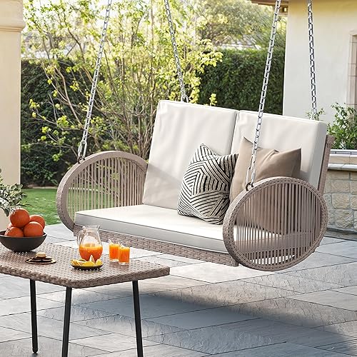 YITAHOME Silla columpio colgante para porche para 2 personas, silla columpio de patio, 1 asiento y 2 cojines de respaldo con fundas extraíbles,