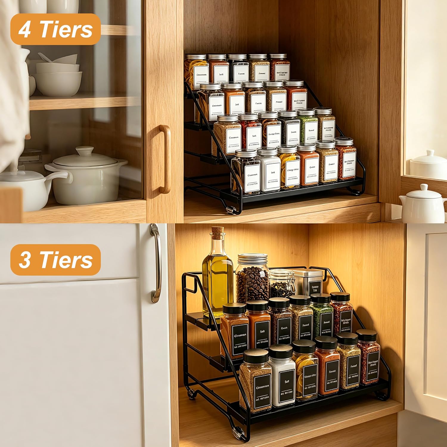 Spice Rack Organizer 2 Pack, 4 Tier Adjustable Tiered Spice Rack for Cabinet, Foldable Kitchen Spice Organizer with Funnel & Cleaning Brush, Countertop & Pantry Seasoning Rack, Black (No Bottles)