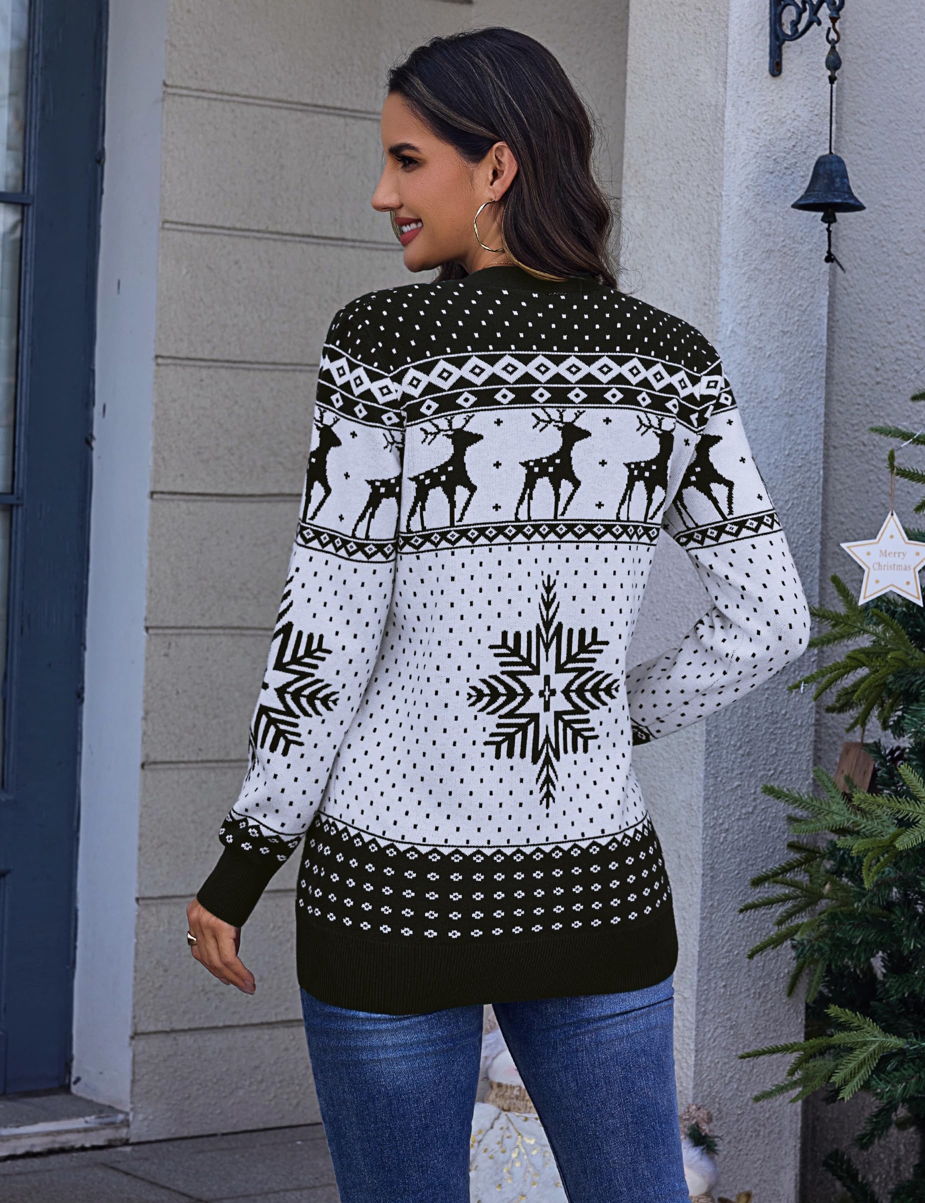 Bresdk Gilet de Noël Femme Cardigan en Tricot Imprimé Hiver Chaud Manches Longues Ouverture Devant avec Boutons