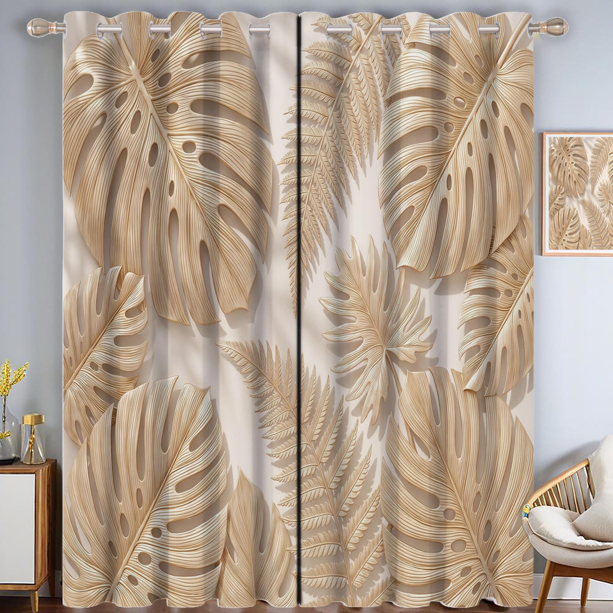 Farnblattmuster Vorhänge, Pflanzennatur Verdunkelungsvorhang - Beige Vorhang Blickdicht, Thermovorhang Für Schlafzimmer Gardinen Mit Ösen, H140 X B90 cm (2Er Pack)