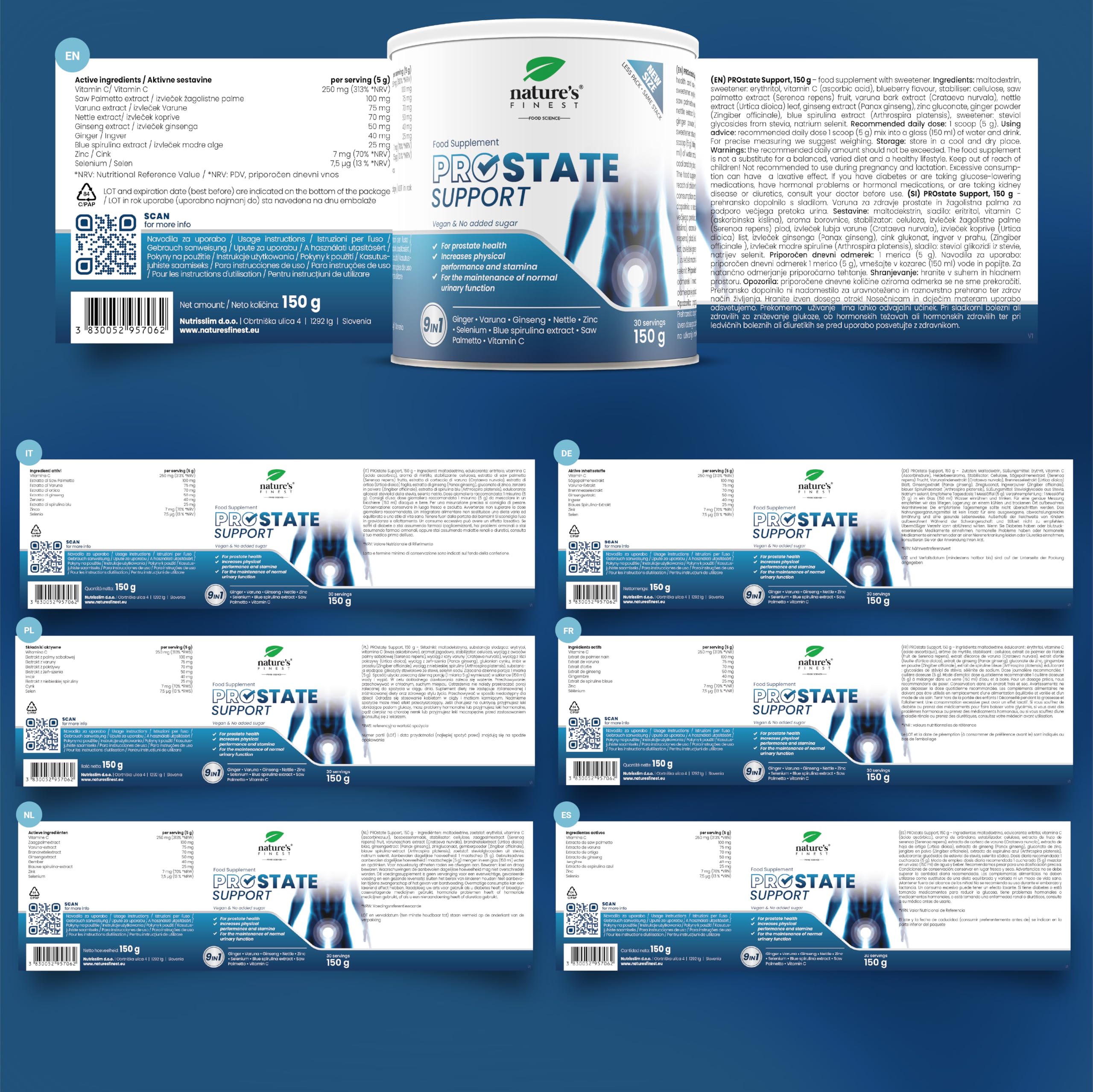 Nature's Finest PROstate Support, Integratore Prostata con Saw Palmetto (Serenoa Repens), Supporto Prostatico, Formula Naturale con Varuna, Ortica, Ginseng e Zinco, Alta Bio-Disponibilità, 150g