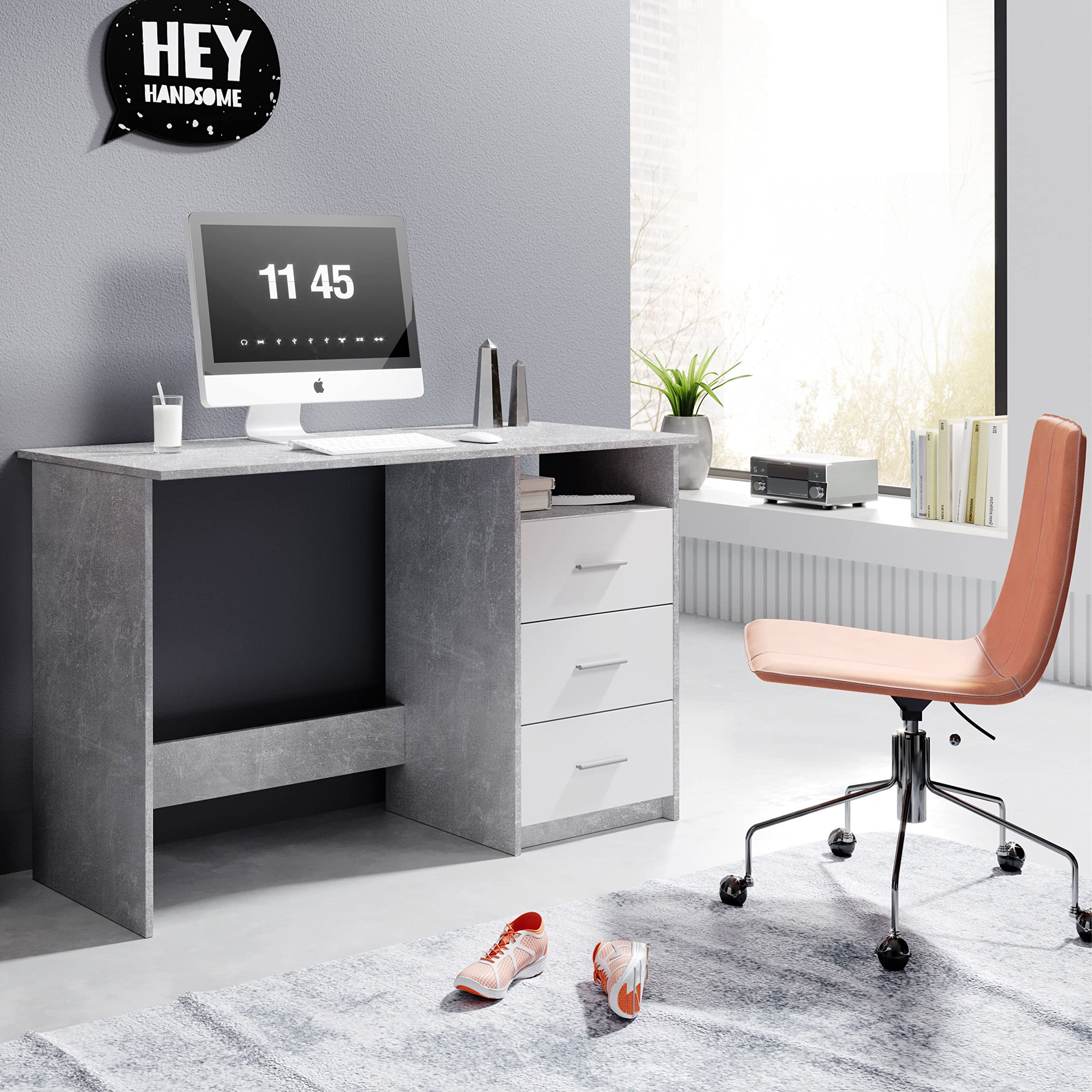 Stella Trading Adria cassetti Effetto, Pratica scrivania da Ufficio per Computer con Grande Superficie di Lavoro, Legno ingegnerizzato, Cemento/Bianco, 120 x 76 x 50 cm