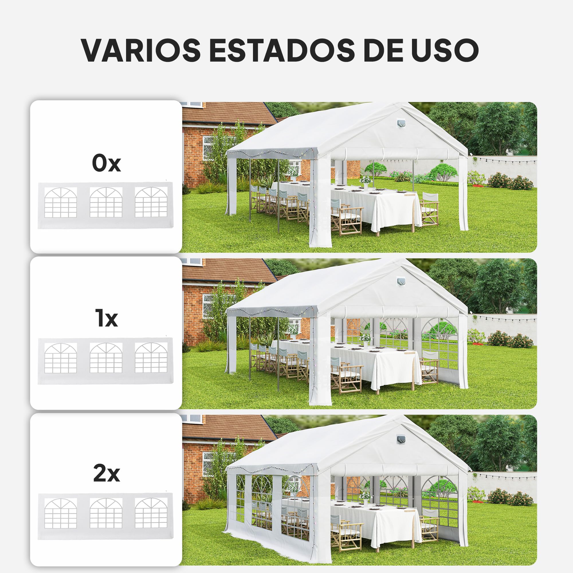Outsunny Carpa para Fiesta 4x6 m con Luces LED, Tiras, Carpa de Jardín con Estructura Acero Galvanizado, Paredes Laterales Extraíbles, 2 Puertas con Cremallera, Ventanas, UPF30+, para Eventos, Blanco