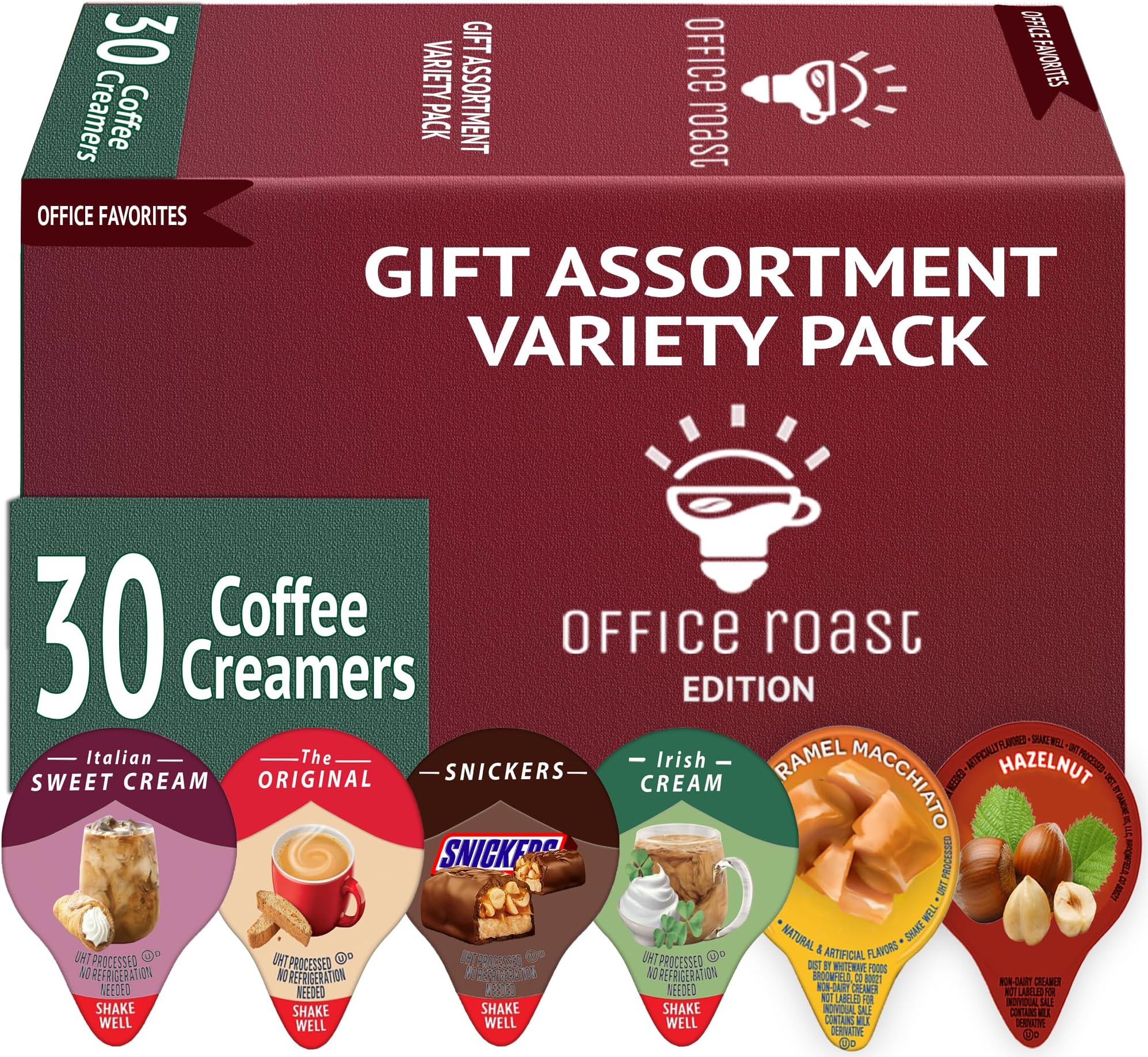 Variety Pack Creamers Liquid Creamer Singles | Gift Assortment Box | Coffee Cream | Snickers, Italian Sweet, Original, Hazelnut, Irish & Caramel Macchiato - No Refrigeration - Box Of 30