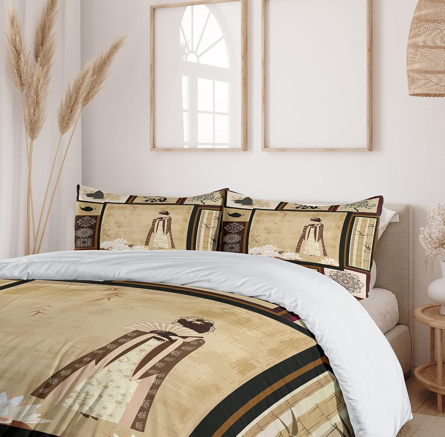 Ambesonne Japanese Duvet Cover Set, Girl in Traditional Dress and Cultural Patterns Ornaments Antique Eastern Collage, Decorative 3 Piece Bedding Set with 2 Pillow Shams, King Size, Brown Cream