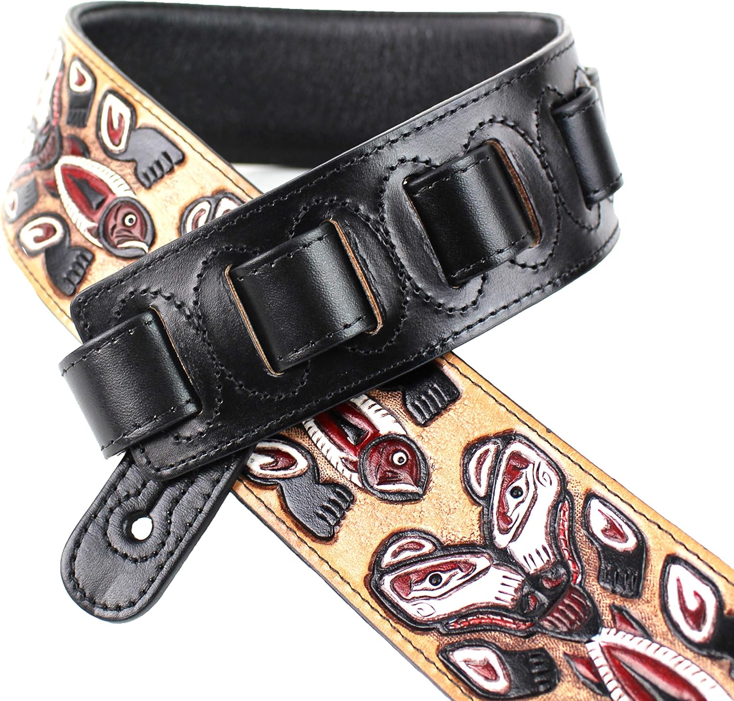 Walker And Williams LHR-23 Handmade Black Premium Carved Leather Guitar Strap With Bear Totem Carving For Acoustic, Electric, And Bass Guitars