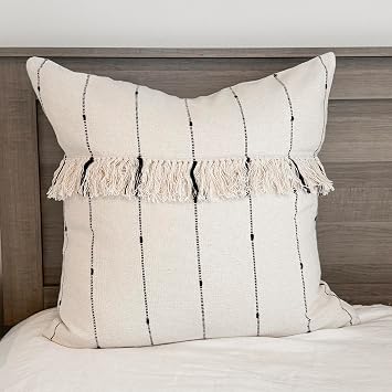 Farmcloth Stripe Euro Pillow Sham 26" x 26", Rustic Farmhouse Style, Boho Chic, Natural Cream w/Black Stripes