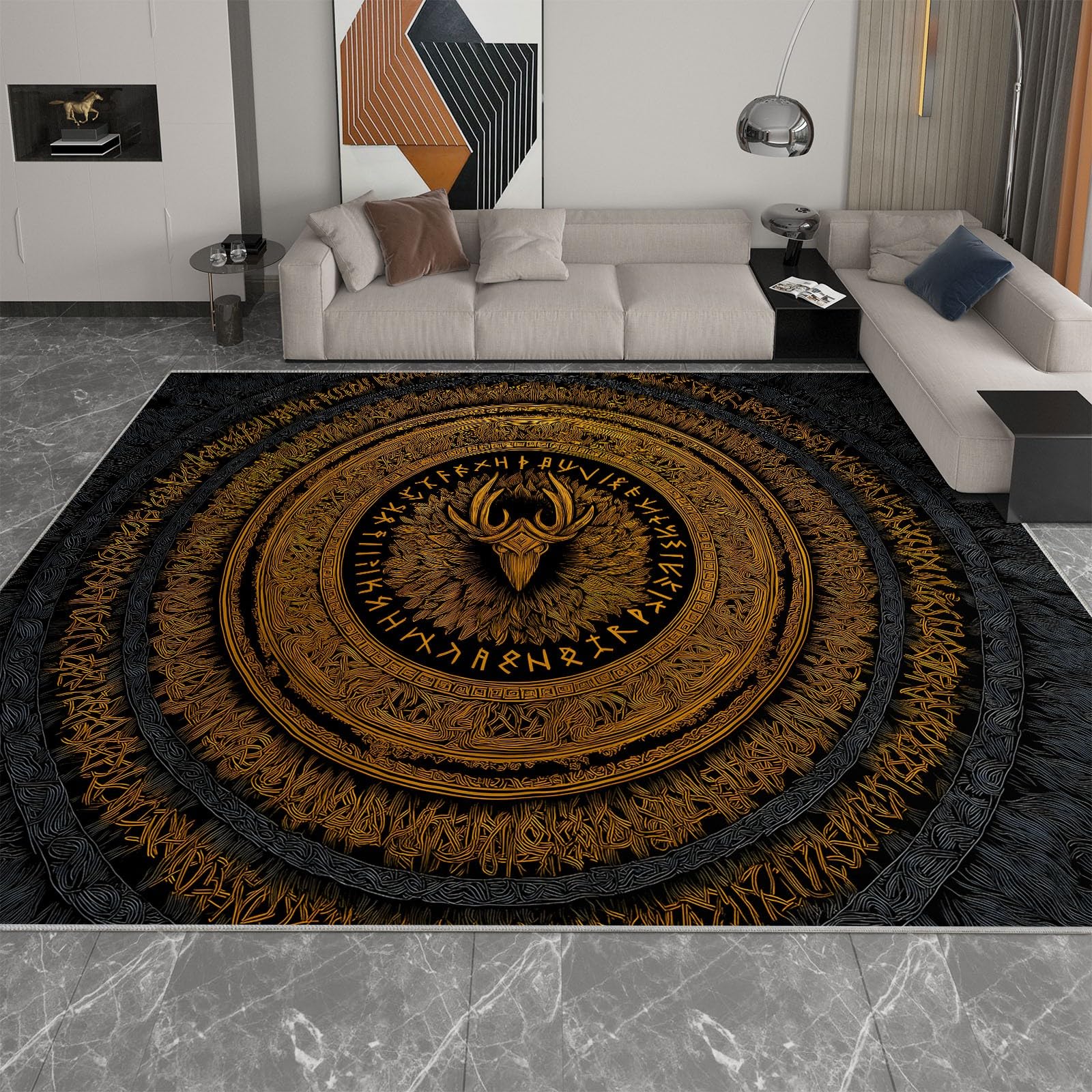 Generisch Teppich Wohnzimmer Waschbar Kurzflor Weich Fantasy Wikinger Symbol Teppich 80 x 150 cm pflegeleicht rutschfest für Schlafzimmer Kinderzimmer Flur Badezimmer Schwarz