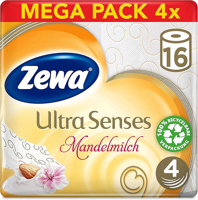 Zewa Miękki 4-warstwowy Deluxe papier toaletowy z mlekiem migdałowym, łagodny zapach migdałowy, 4 x 16 rolek (64 szt.)
