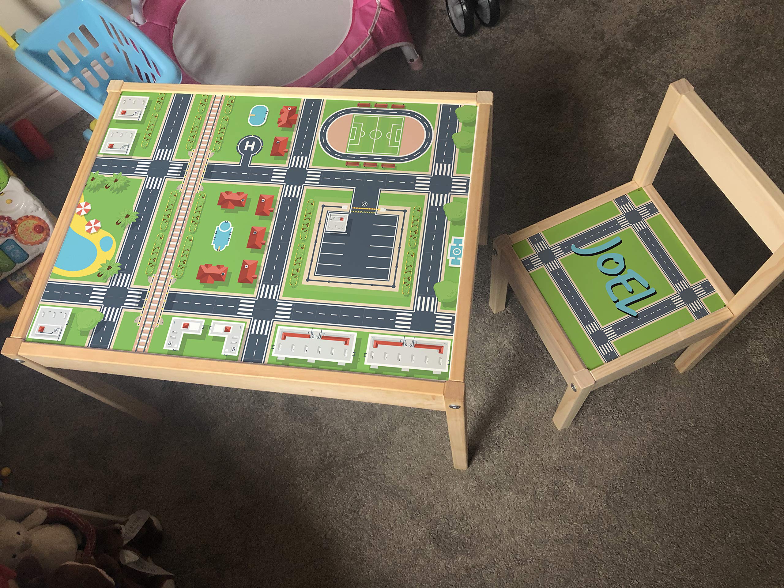 MakeThisMinePersonalised Children's Table and 1 Chair LATT Wooden Name Engraved City Road Country Country Map Printed Desk Set Play Kids Girls Friends Boys Family