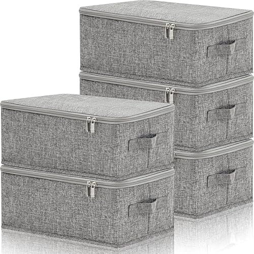 Soaoo 5 contenedores de almacenamiento de tela con tapas de cremallera y asa de 15 x 10 x 6 pulgadas, rígidos, plegables, lavables, cajas de