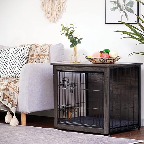 Miniatura 3 de DWANTON Mueble de jaula para perros con cojín, caja de madera para perros con puertas dobles, muebles para perros, perrera de interior, mesa