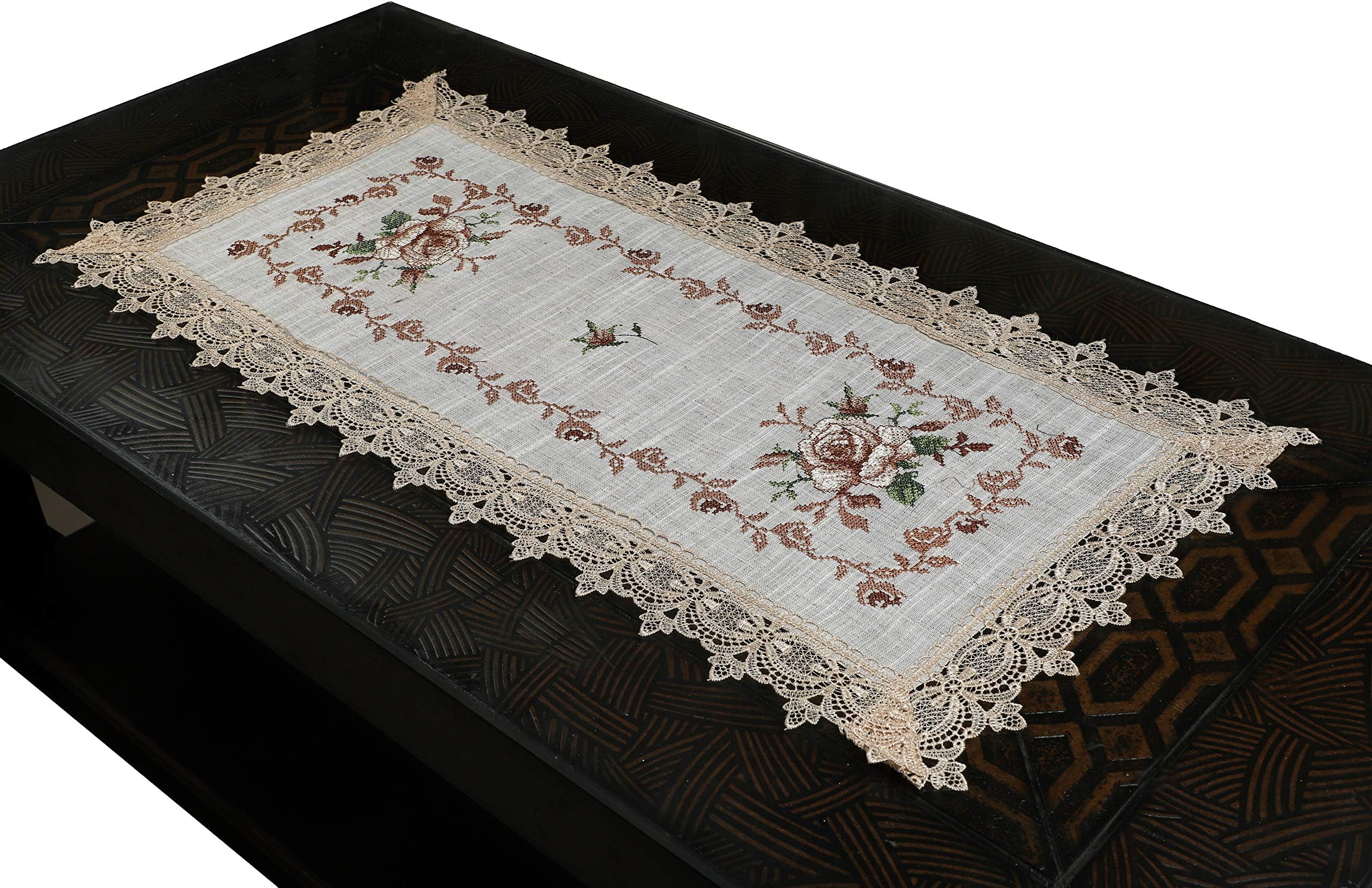 MONKDECOR Cut Work Cross-Stitch Embroidery Centre Table Runner (Size-16x33 Inches)- Gold & Brown Color