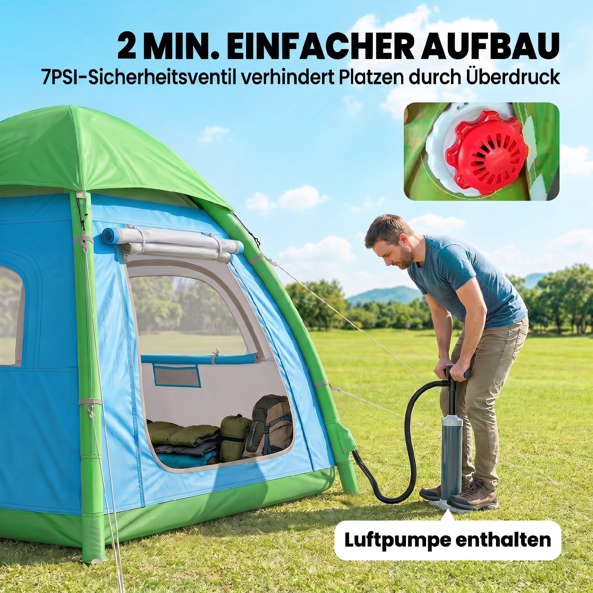 Outsunny Aufblasbares Zelt 3 Pers. Schnell Aufbau mit Luftpumpe Hellblau